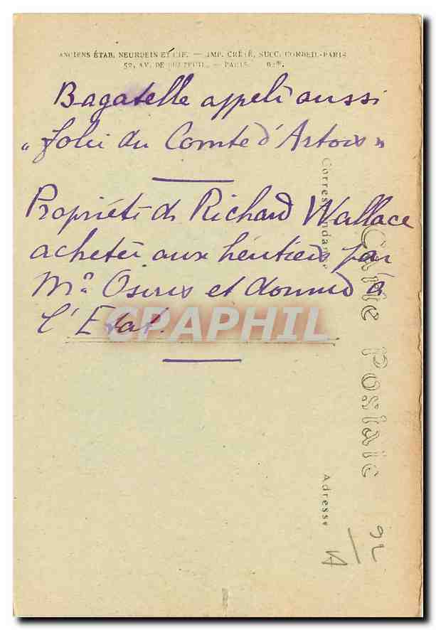 CPA Bois de Boulogne Chateau de Bagatelle  — Rückseite