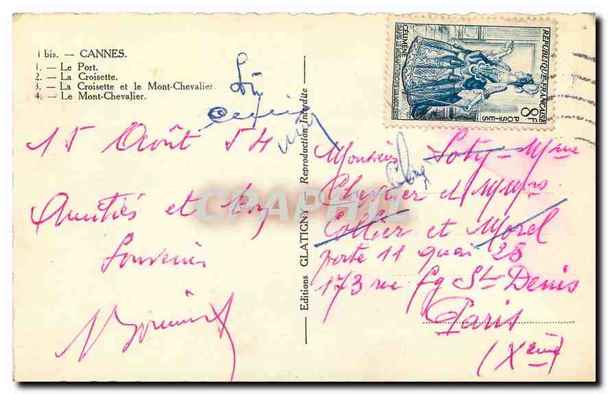 CPA Cannes Le Port La Croisette La Croisette et le Mont Chevalier Le Mont Chevalier  — Verso