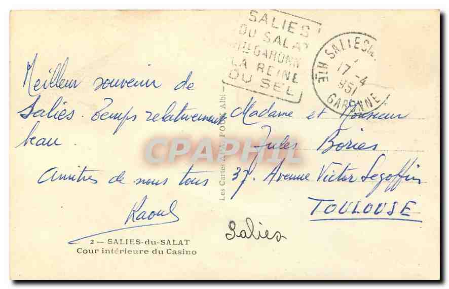 Cour intérieure du Casino — Salies-du-Salat — éditeur Les Cartes Postales, n°2 — Verso