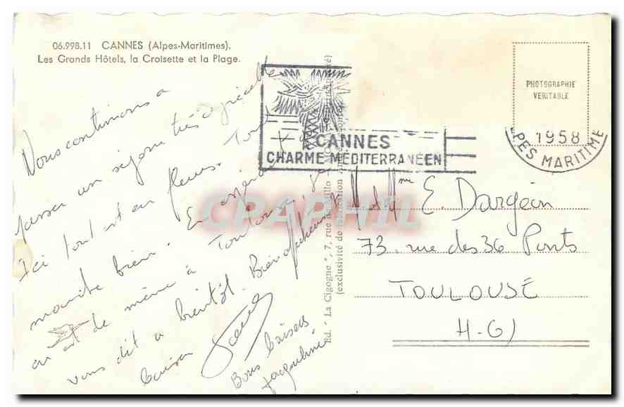 CPA Cannes Alpes Maritimes Les Grands Hotels la Croisette et la Plage  — Rückseite