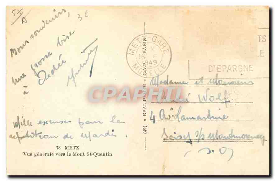 CPA Metz vue generale vers le Mont St Quentin  — Verso