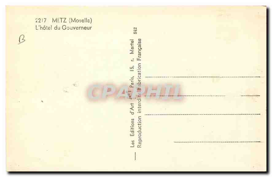 CPA Metz Moselle l'Hotel de Gouverneur  — Verso