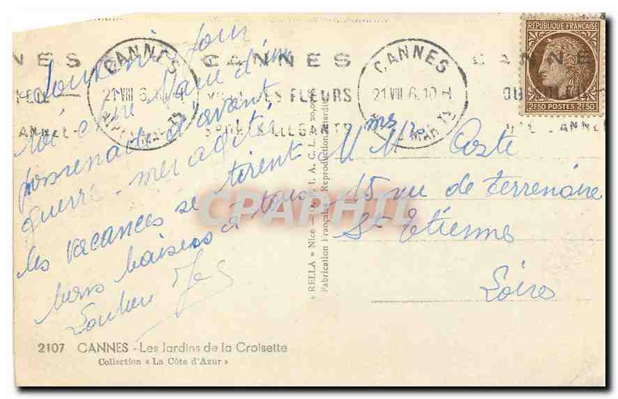 CPA Cannes Les Jardins de la Croisette  — Verso