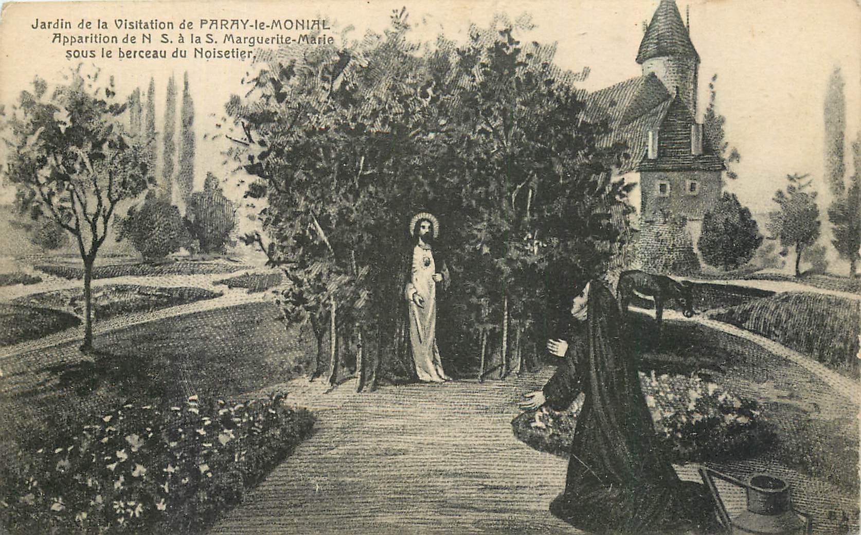 CPA Jardin de la Visitation de Paray le Monial Apparition de N S a la S Marguerite Marie sous le ber