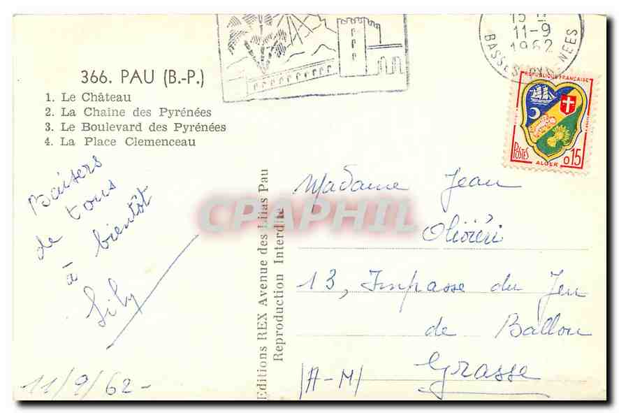 CPM Pau B P Le Chateau La Chaine des Pyrenees Le Boulevard des Pyrenees La Place Clemenceau  — Rückseite