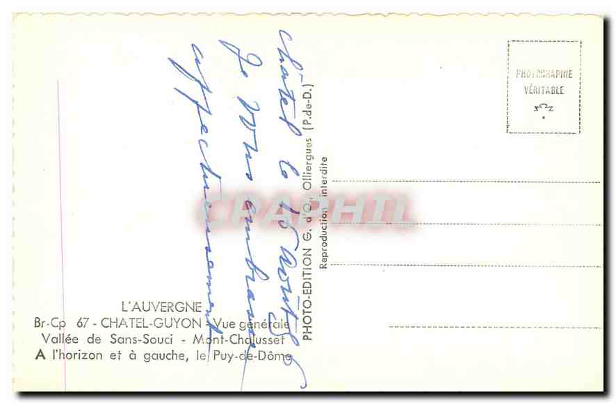 CPM l'Auvergne Chatel Guyon Vue generale Vallee de Sans Souci Mont Chausset A l'Horizon et a gauche  — Rückseite