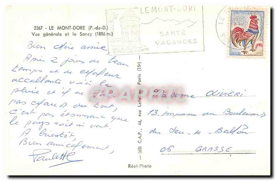 CPM Le Mont Dore P de D Vue generale et le Sancy  — Verso