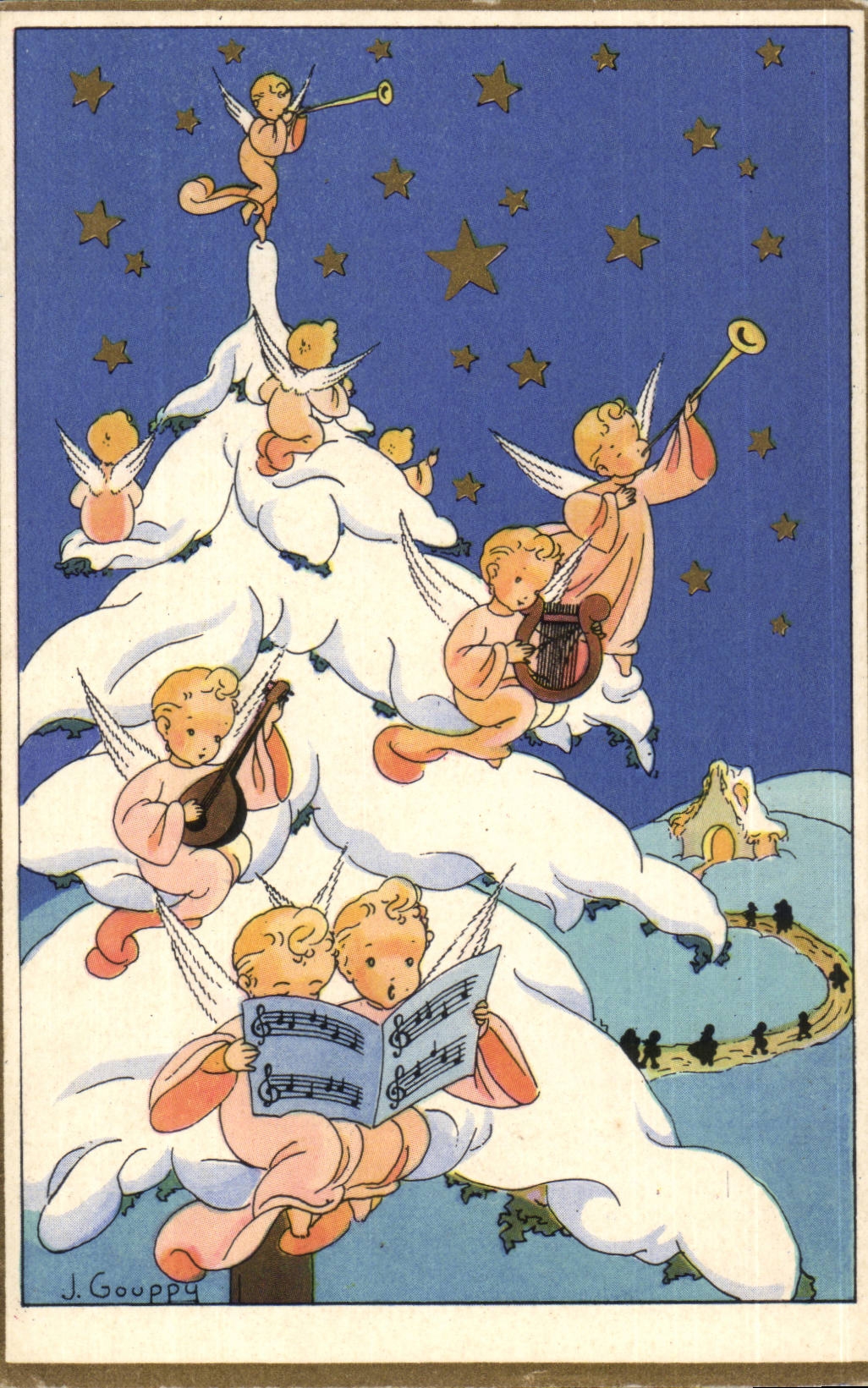 CPA Fantaisie Arbre de Noel neige anges Musique