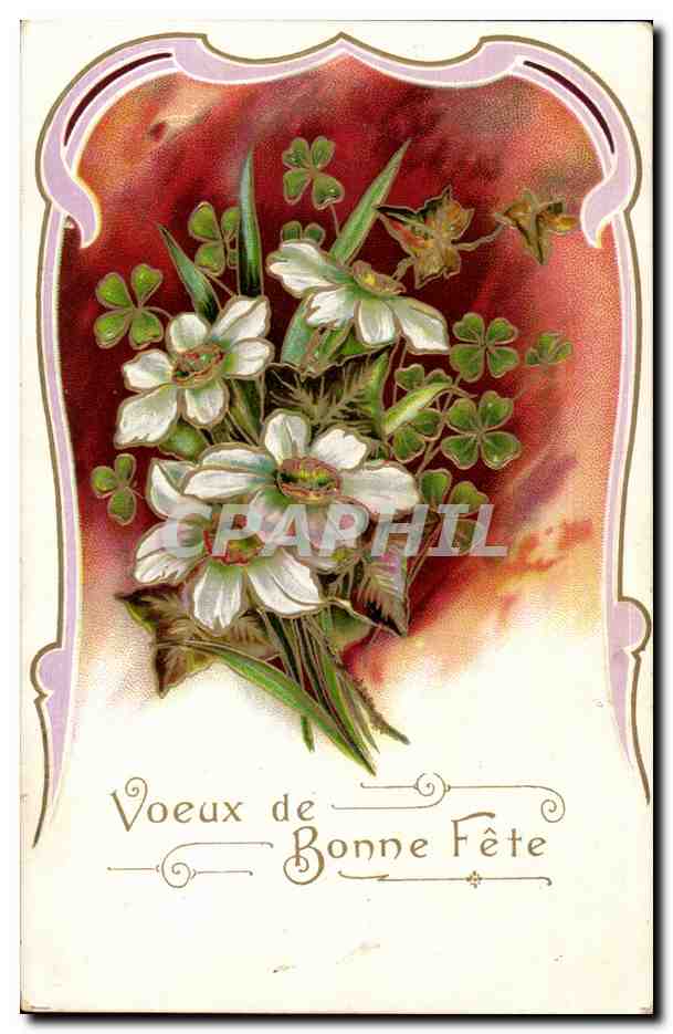 Bouquet de fleurs blanches et trèfles — Vœux de Bonne Fête — Carte postale