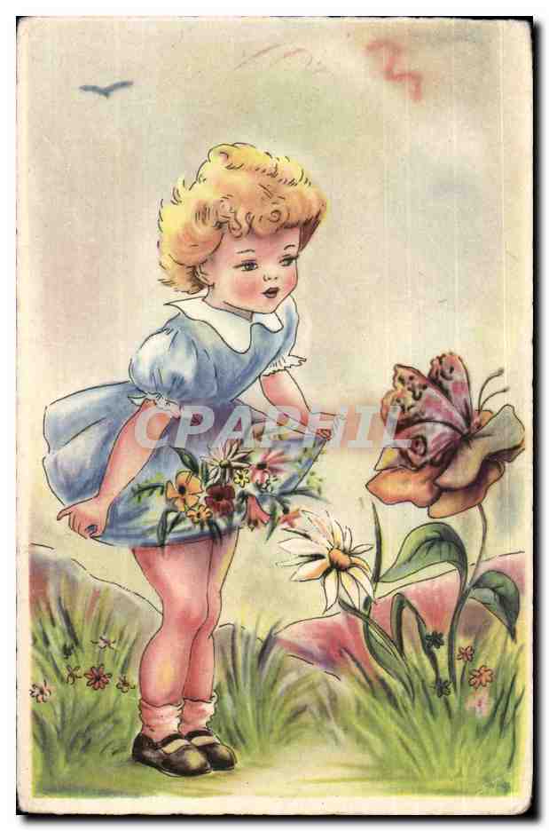 CPA Fantaisie Enfant et fleurs Papillon Butterfly