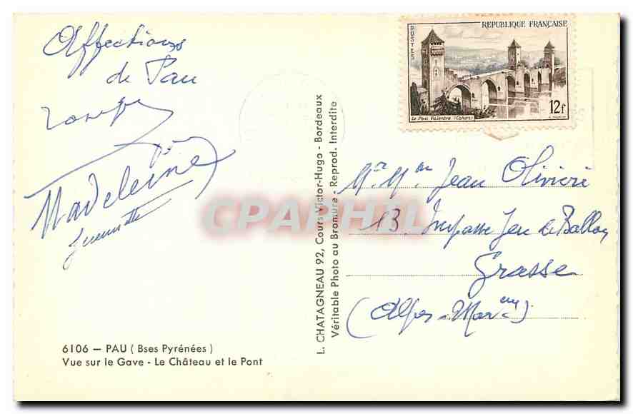 Pau — Vue sur le Gave, le Château et le Pont — L. Chatagneau, 6106 — Verso