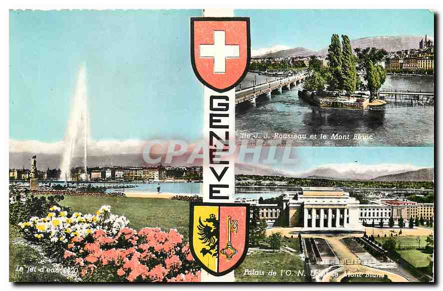 CPM Geneve Rousseau et le Mont Blanc Palais de N D de Mont Blanc 