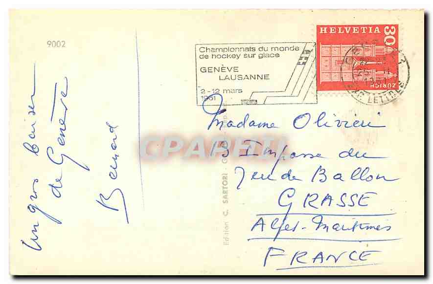 CPM Geneve Rousseau et le Mont Blanc Palais de N D de Mont Blanc  — Verso