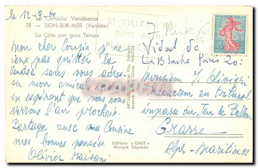 CPM La Corniche Vendeenne Sion sur Mer Vendee La Cote par gros Temps  — Rückseite