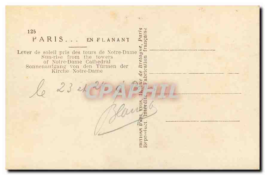 CPA Paris Lever de doleil pris des tours de Notre Dame  — Rückseite
