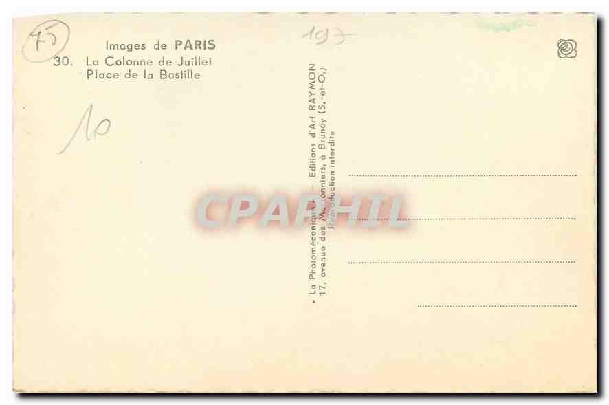 CPA Images de Paris La Colonne de Juillet Place de la Bastille  — Rückseite