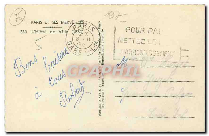 CPA Paris et ses Mereilles l'Hotel de Ville  — Rückseite