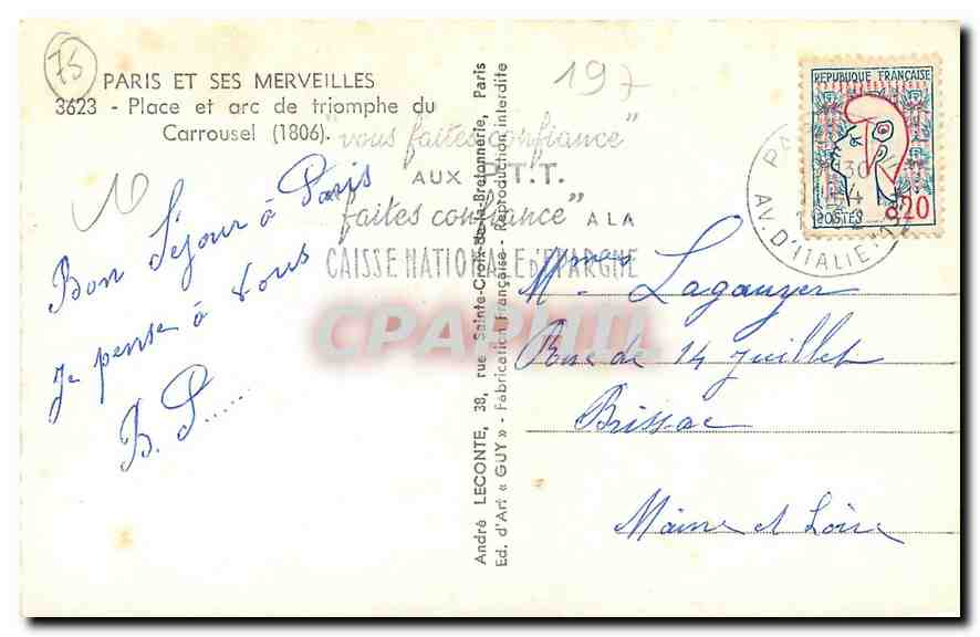 CPA Paris et ses Merveilles Place et arc de triomphe du Carrousel  — Rückseite
