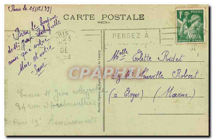 CPA Paris l'Eglise St Vincent de Paul et le Square  — Verso