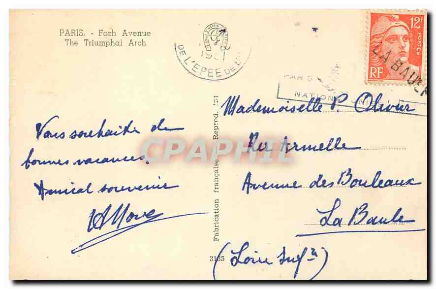 CPA Paris Avenue Foch et l'Arc de Triomphe  — Rückseite