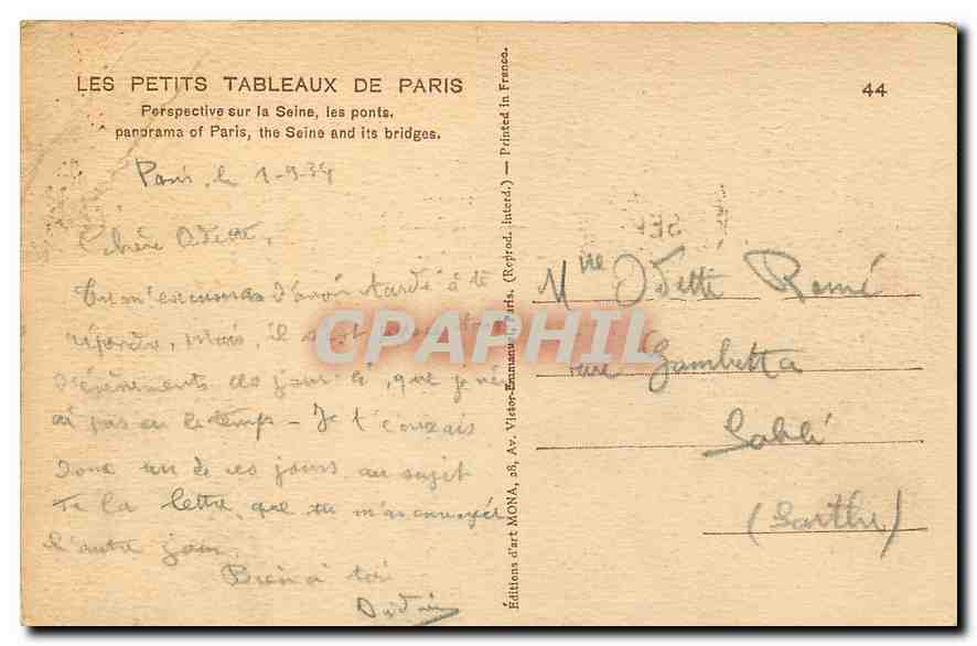 Vintage Postcard View of Paris with the Seine and Bridges Panorama of Paris — Back