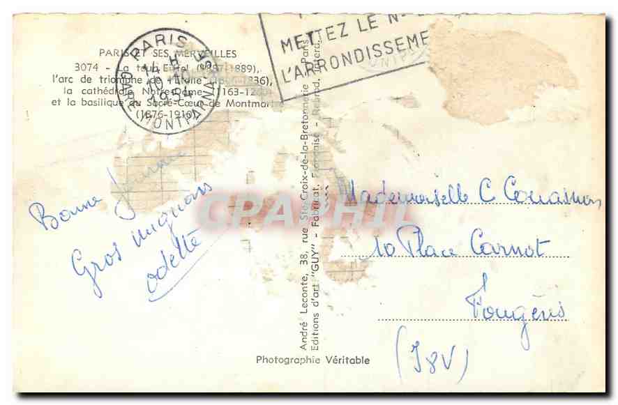 CPA Paris et ses Merveilles l'Arc de Triomphe la Cathedrale Notre Dame et la Basilique dy Sacre Coeu — Rückseite