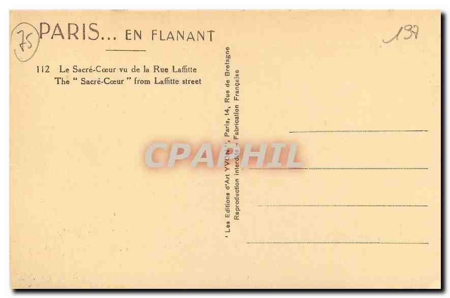 CPA Paris Le Sacre Coeur vu de la Rue Laffitte  — Rückseite
