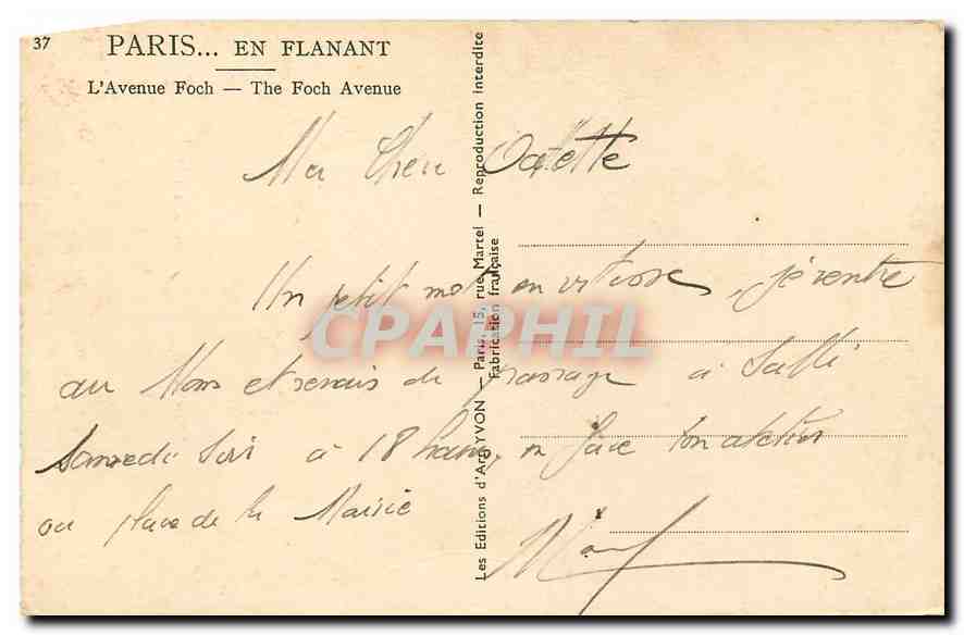 CPA Paris l'Avenue Foch  — Rückseite