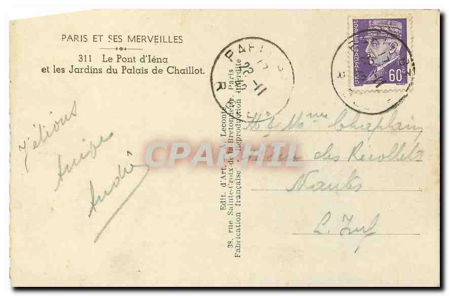CPA Paris et ses Merveilles Le Pont d'Iena et les Jardins du Palais de Chaillot  — Verso