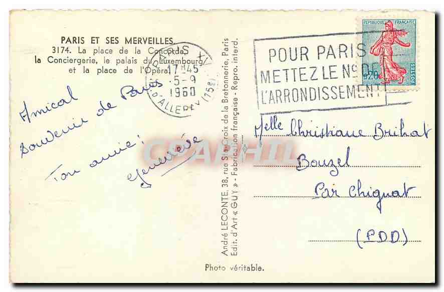 CPA Paris et ses Merveilles La Place de la Concorde la Conciergerie le palais de Luxembourg  — Rückseite