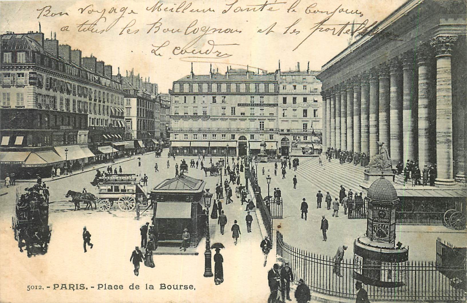 Paris - Place de la Bourse — vue de la Bourse et du Cirque d'Écoulange — éditeur non identifié, n° 5012