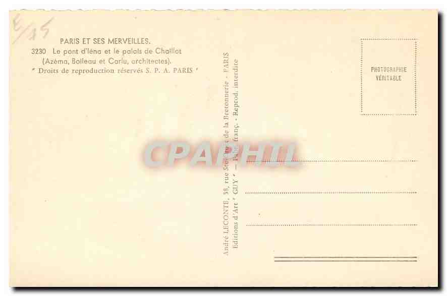 CPA Paris et ses Merveilles Le pont d'Iena et le palais de Chaillot  — Rückseite