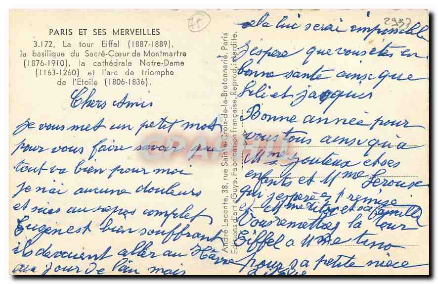 CPA Paris et ses Merveilles La Tour Eiffel la basilique du Sacre Coeur de Montmartre la cathedrale N — Rückseite