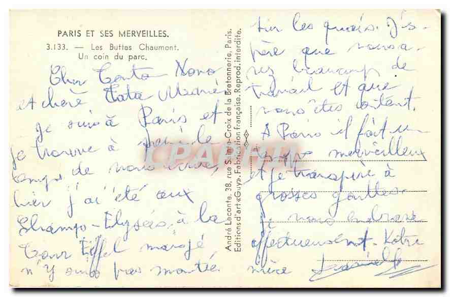 CPA Paris et ses Merveilleus Les Buttes Chaumont Un coin du parc  — Rückseite