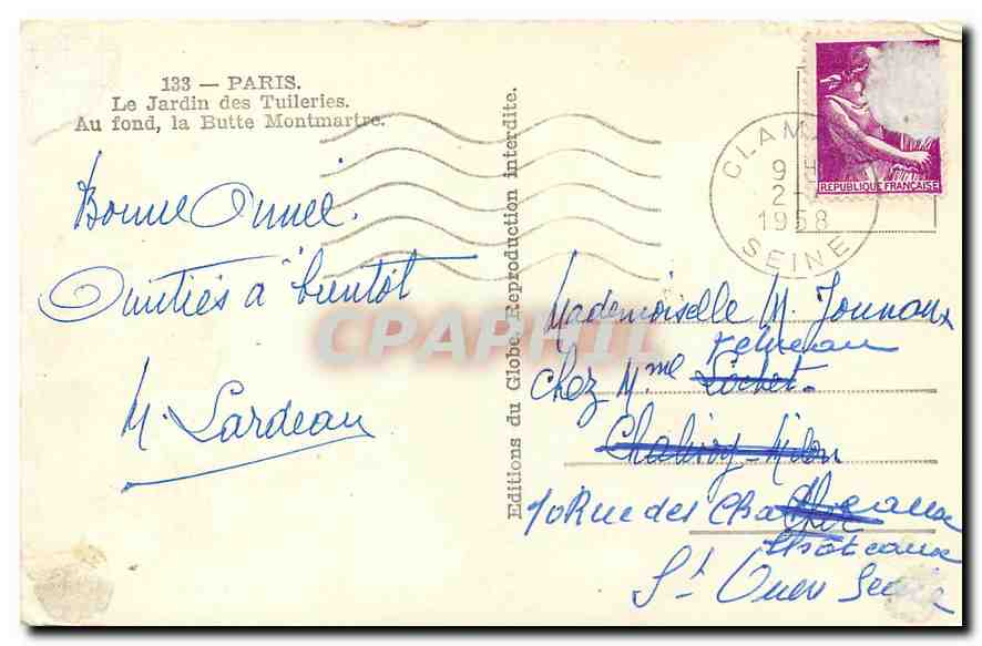 CPA Paris le Jardin des Tuileries au fond la Butte Montmartre  — Rückseite