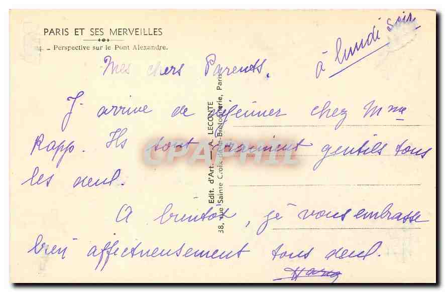CPA Paris et ses Merveilles Perspective sur le Pont Alexandre  — Rückseite