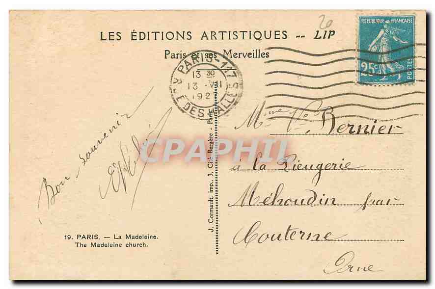 CPA Paris la Madeleine  — Verso