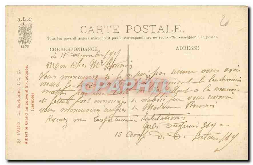 CPA Paris La Sorbonne Albert le Grand au couvent St Jacques Leroble  — Verso