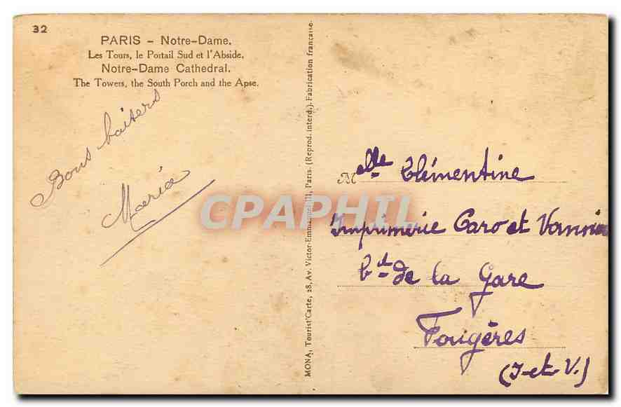 CPA Paris Notre Dame Les Tours le Portail Sud et l'Abside  — Verso