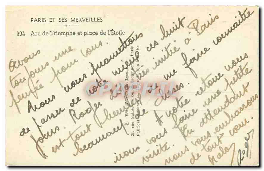 CPA Paris et ses Merveilles Arc de Triomphe et place de l'Etoile  — Rückseite