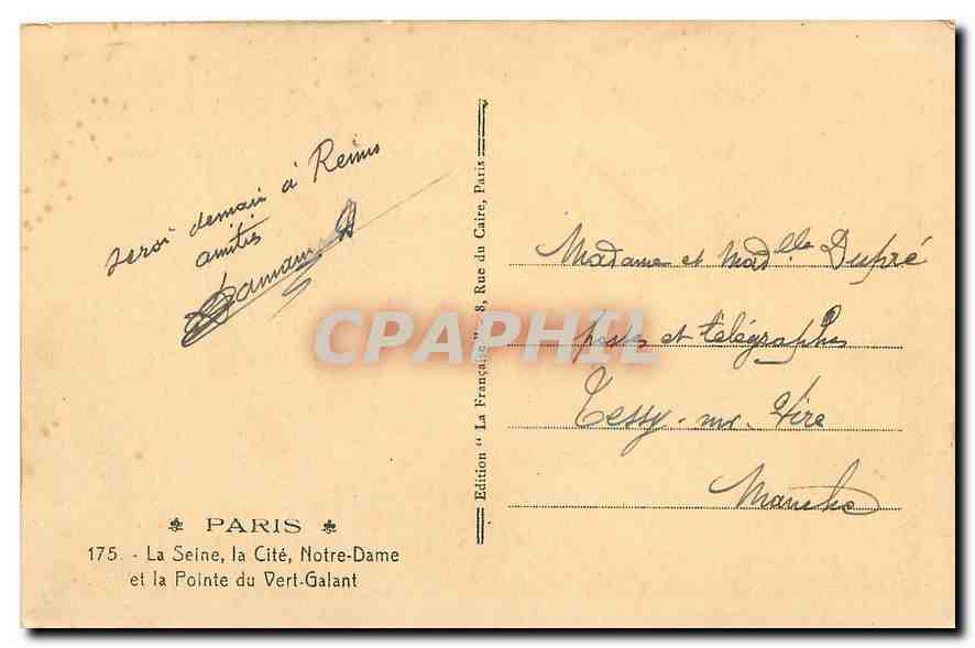 CPA Paris La Seine la Cite Notre Dame et la Pointe du Vert Galant  — Rückseite