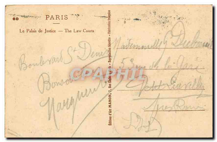 CPA Paris Le Palais de Justice  — Rückseite