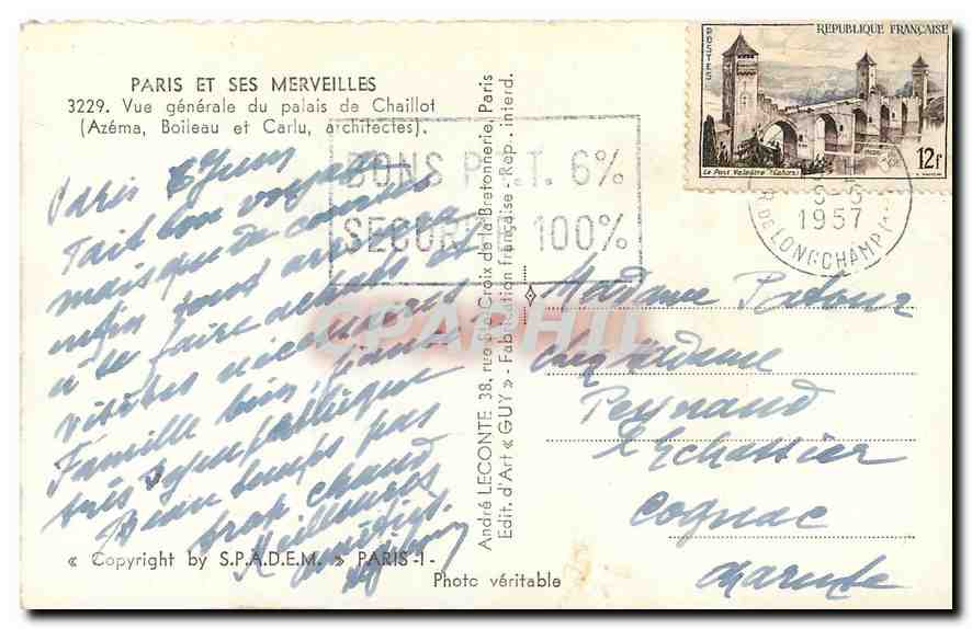 CPA Paris et ses Merveilles Vue generale du palais de Chaillot Azema Boileau et Carlu a chitectes  — Verso