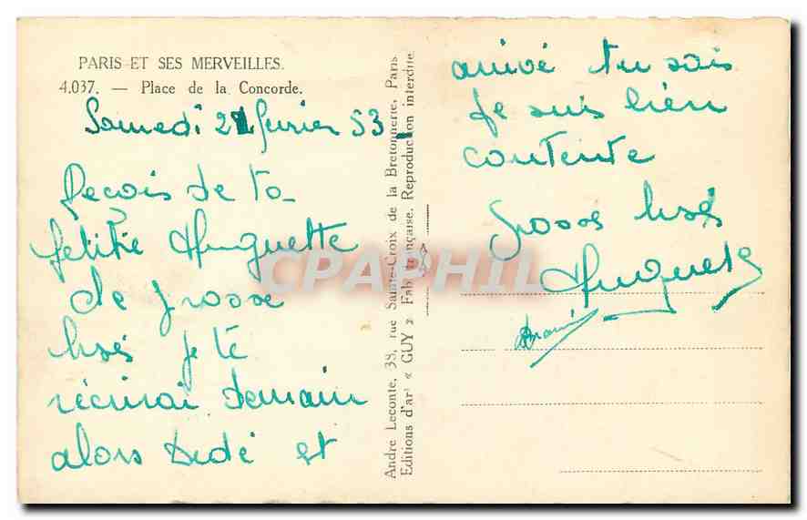 CPA Paris et ses Merveilles Place de la Concorde  — Rückseite