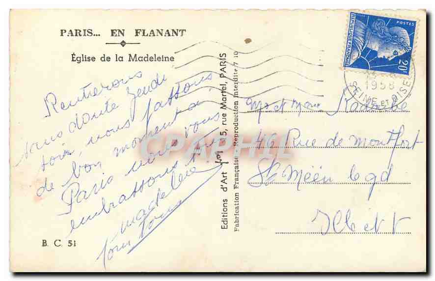 CPA Paris Eglise de la Madeleine  — Verso