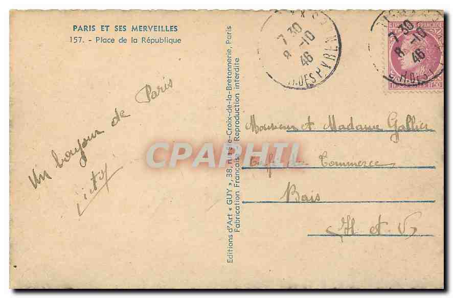 CPA Paris et ses Merveilles Place de la Republique  — Rückseite