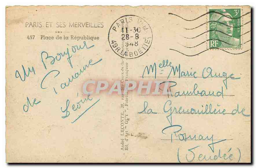 CPA Paris et ses Merveilles Place de la Republique  — Verso