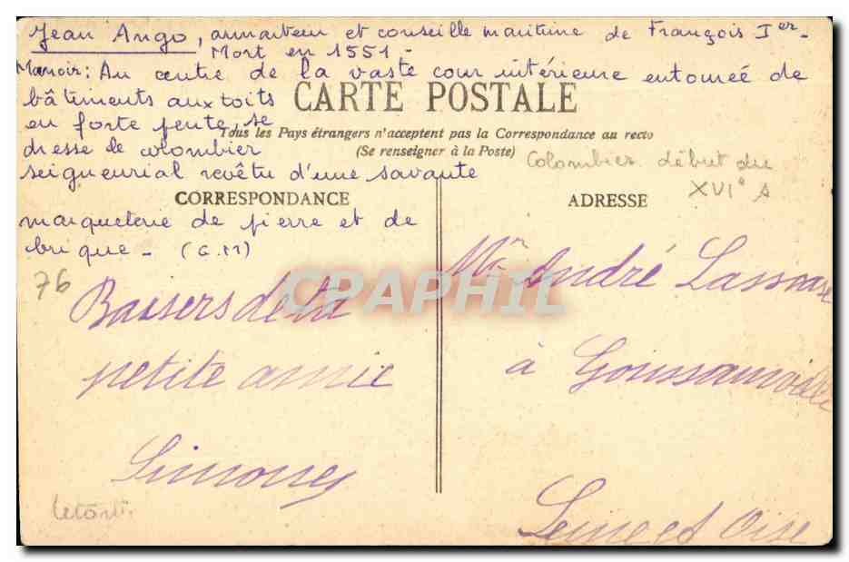 CPA Manoir d'ange Varengeville sur mer Le pigeonnier  — Verso
