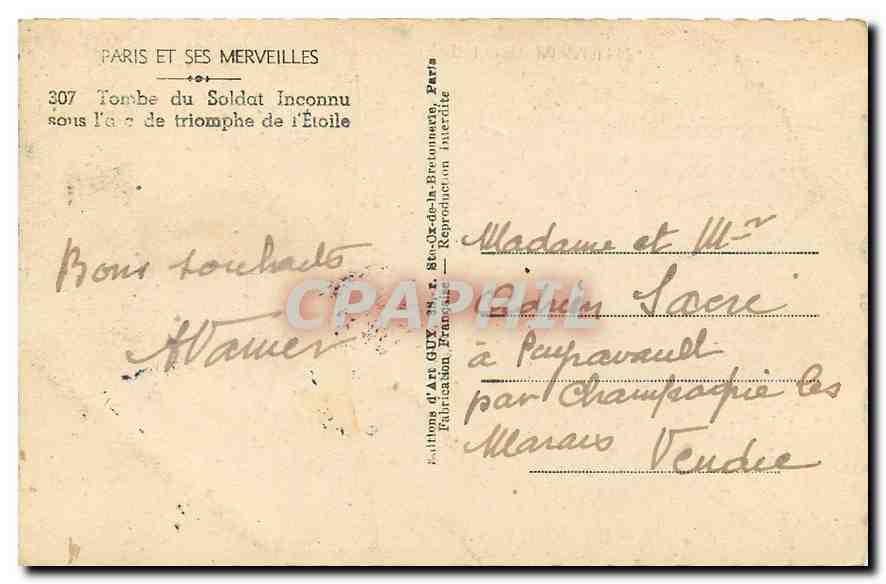 CPA Paris et ses Merveilles Tombe du Soldat Inconnu sous l'Arc de Triomphe de l'Etoile  — Rückseite