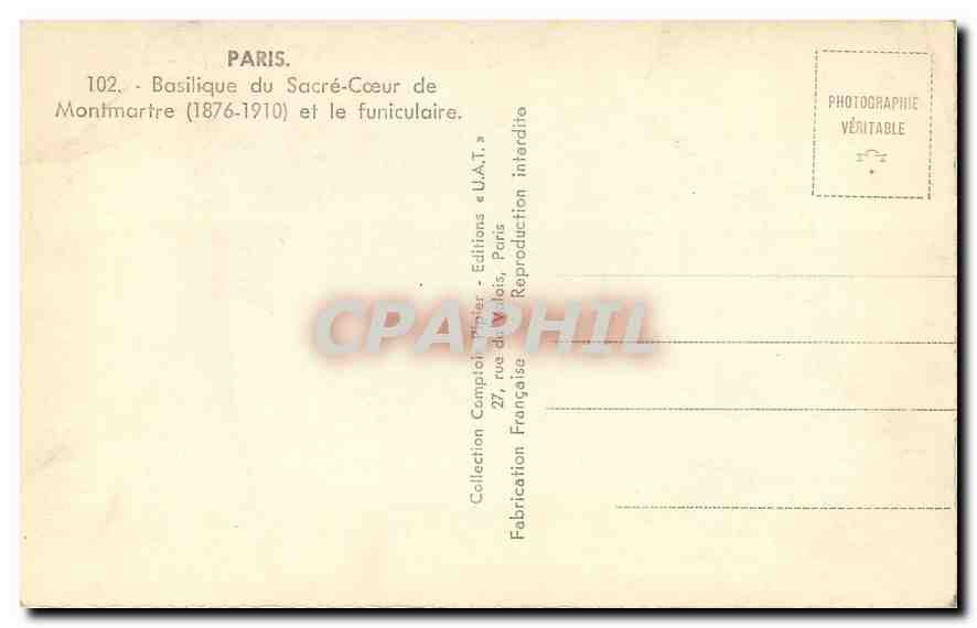 CPA Paris Basilique du Sacre Coeur de Montmartre et le funiculaire  — Rückseite